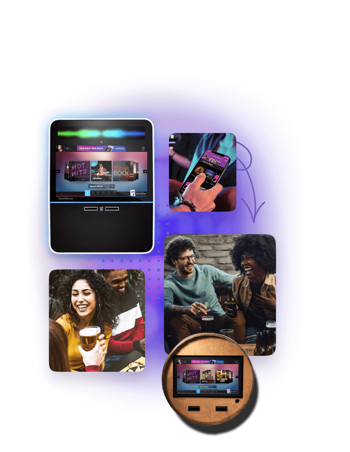 happy patrons with a jukebox, mobile app and music