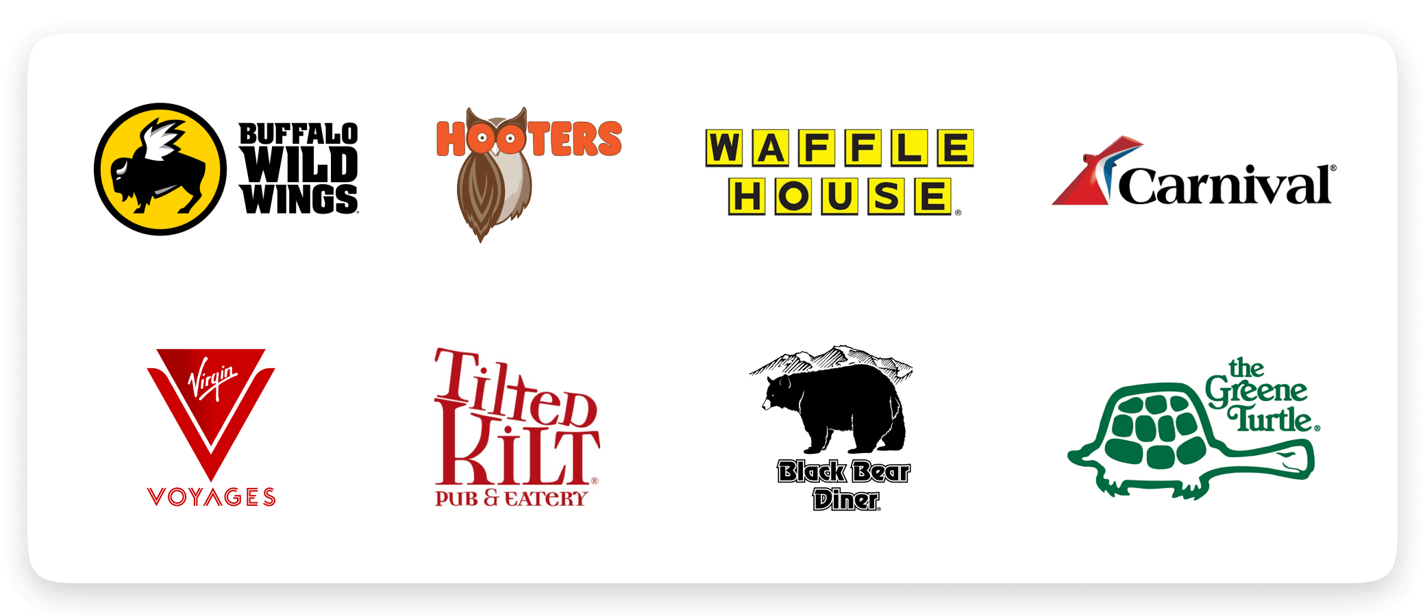 [logos] Buffalo Wild Wings, Hooters, Waffle House, Carnival Cruises, Virgin Voyages, Tilted Kilt, Black Bear Diner, The Greene Turtle
