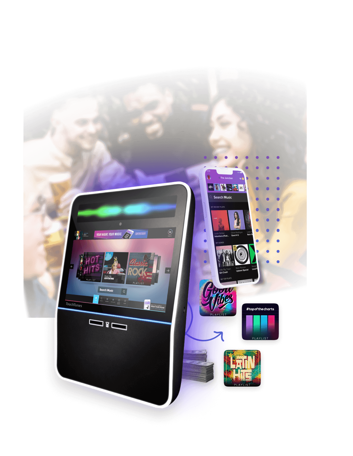 happy patrons with a jukebox, mobile app and music