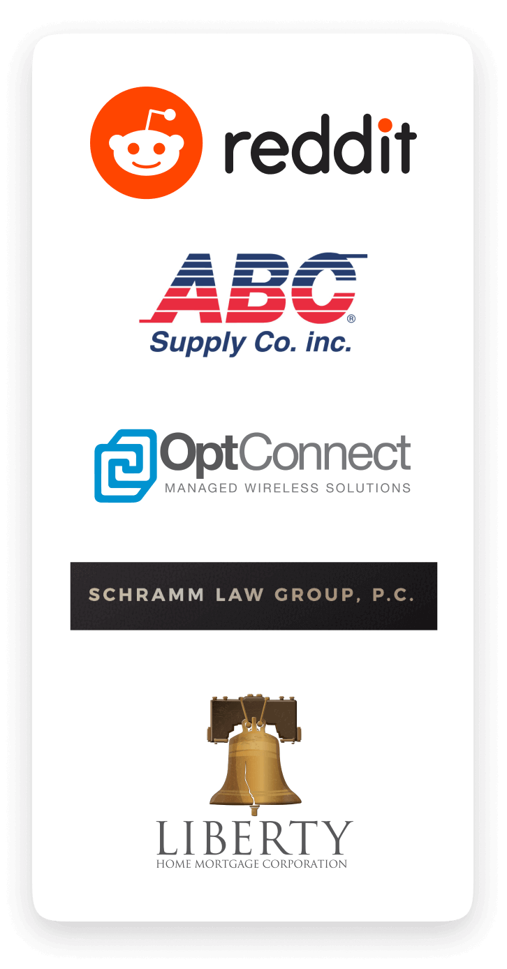 Logos: Reddit, ABC Supply, CO., OptConnect, Liberty Home Mortgage, Schramm Law Group, P.C.